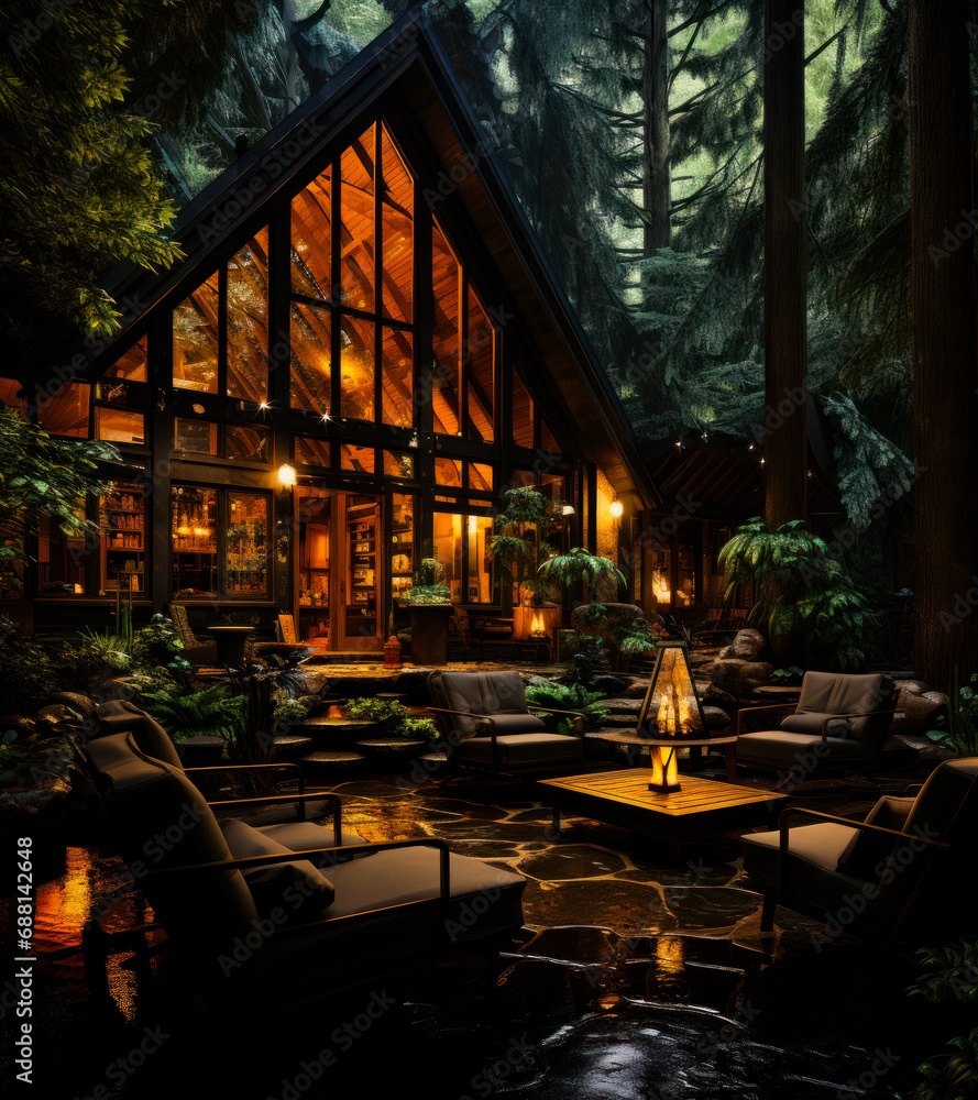 Cabin in the woods with wood burning fire pit. A cabin in the woods is lit up at night