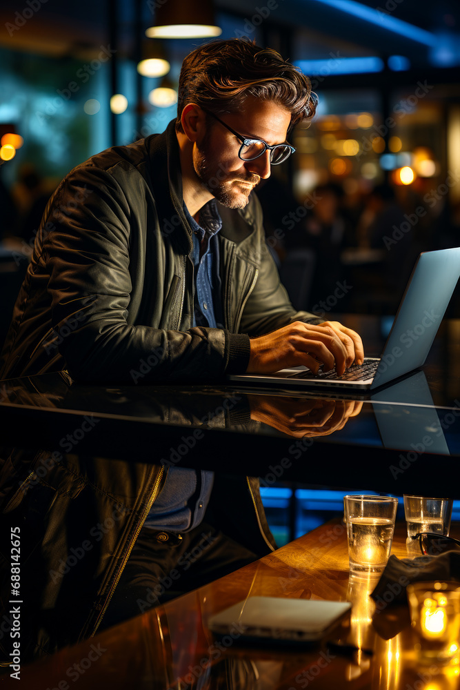 Man in glasses working on laptop. A man sitting at a table using a laptop computer Man in glasses working on laptop. A man sitting at a table using a laptop computer