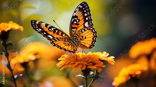 Butterfly perched on flowers in a natural setting.