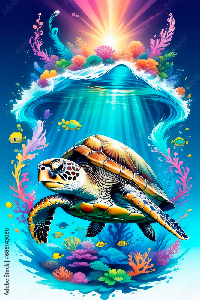 Fototapeta premium Colorful watercolor. Сute swimming marine turtle in colors fantasy swirls splash.