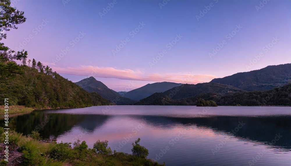 Fototapeta premium lake surrounded by forested mountains under a purple sky at sunset