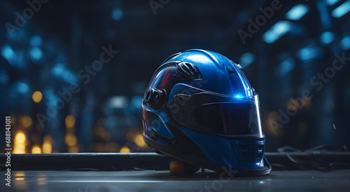 Futuristic motorcycle helmet, blue neon rays © Mahdi Langari