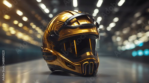 Gold motorcycle helmet with bokeh light background photo