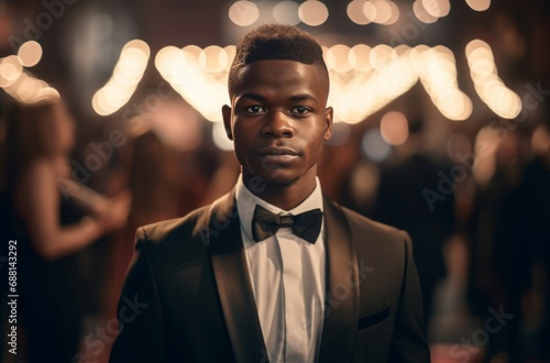 Black man on movie premiere. Celebrity male popular fame talent. Generate Ai photo