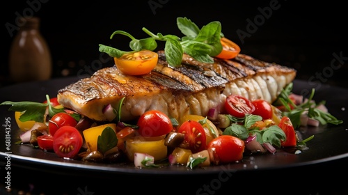 A plate is filled with dorado that has been grilled and served with bell peppers, eggplant, tomatoes, lemon, and pomegranate sauce.