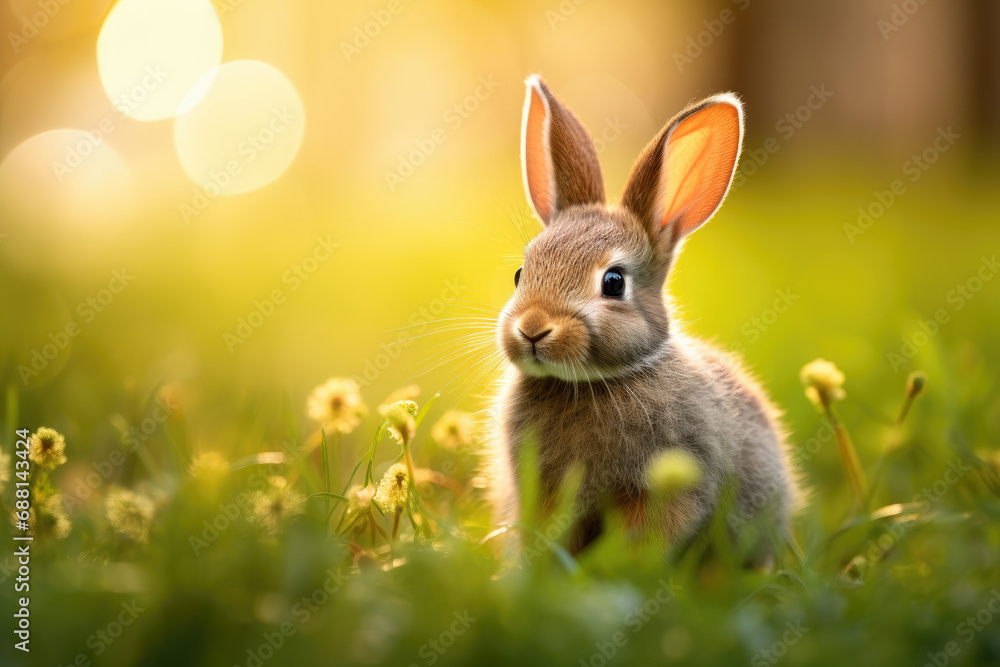 Fototapeta premium Cute fluffy little rabbit on a meadow grass field in the morning, happy bunny running in green garden with sunlight background, symbol of Easter festival day.