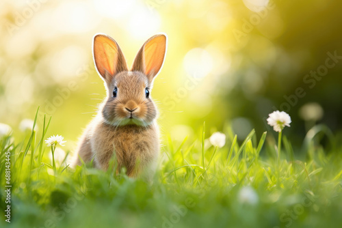 Cute fluffy little rabbit on a meadow grass field in the morning, happy bunny running in green garden with sunlight background, symbol of Easter festival day. photo