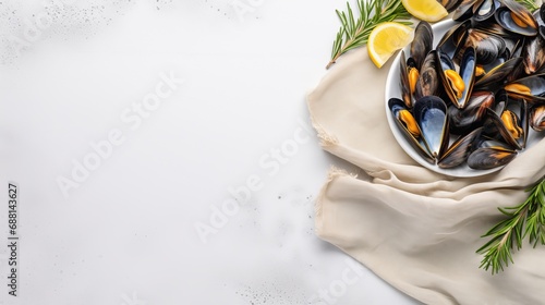 Lay out mussels with white sauce on a tablecloth that has copy space.