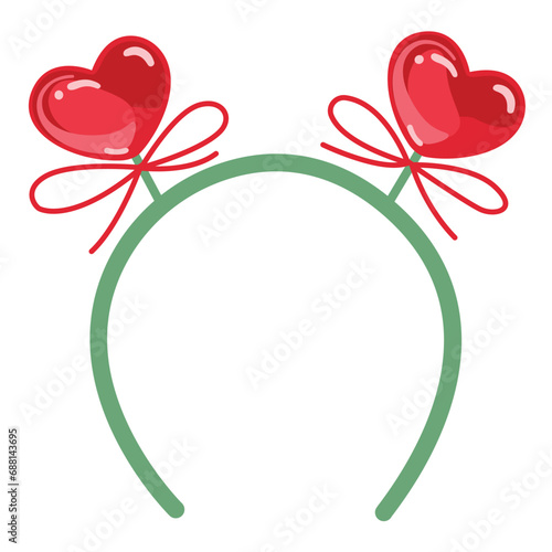 Valentine's Day headband with red heart shape ears. Romantic hair band vector illustration for greeting cards, banners, and decor..