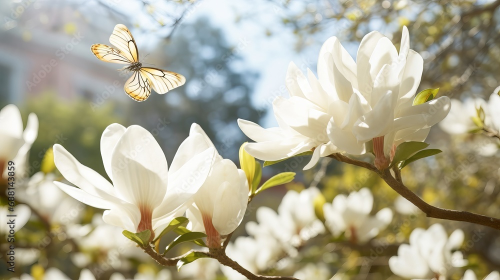 A butterfly is flying over a magnolia flower