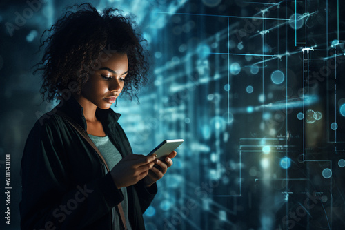 a young woman is immersed by her cellphone or tablet in a technological space  photo