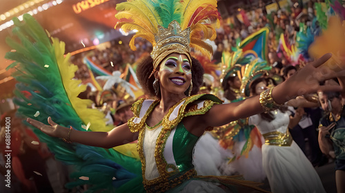 Carnival festival and group of ladies in creative outfits in Rio de Janeiro. Beautiful samba dancers performing in a carnival with their band.