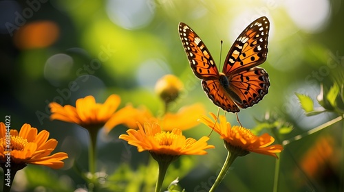 A butterfly is on a flower that has a green background