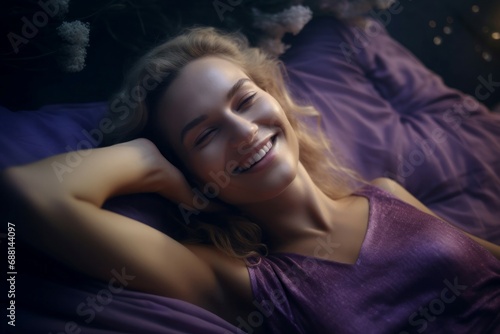 Blonde female model smiling purple color. Slender portrait lady. Generate Ai