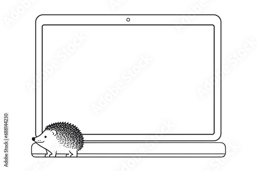 Laptop and hedgehog, outline vector illustration.