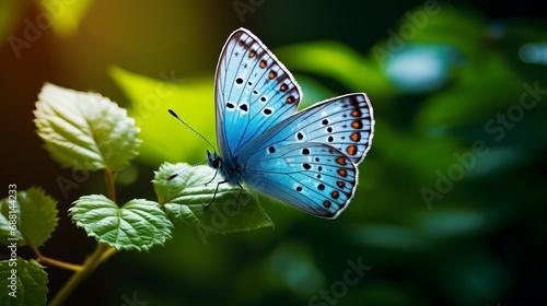 A butterfly of blue color hovering above a flower