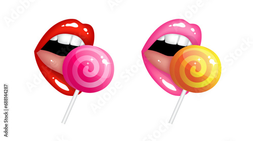 Realistic sexy female lips in red and pink color licking a sweet round lollipop. Set of isolated vector illustrations