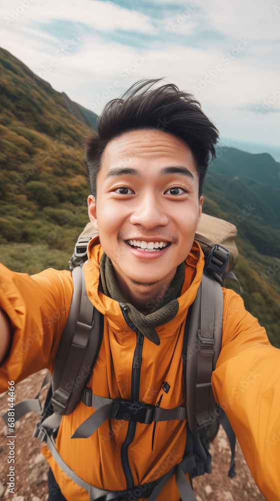 Happy Asian hiker man taking selfie portrait on the top of mountain, vertical format