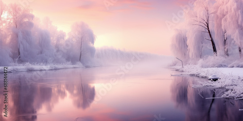 Christmas lace. Winter landscape in pink tones.Mostly calm winter river, surrounded by trees covered with hoarfrost and snow that falls on a beautiful pink morning light. 