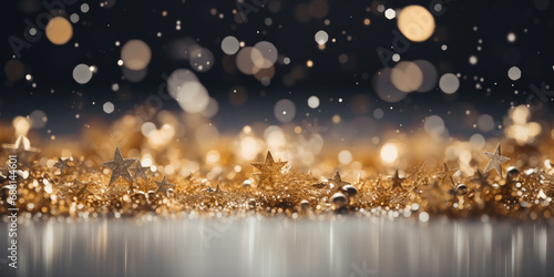 New year, Christmas background with gold stars and snowflakes on festive background. 