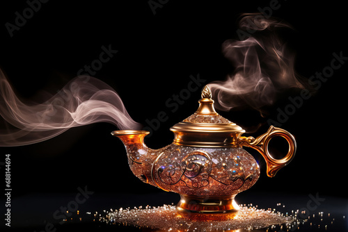Aladdins mysterious lamp with glowing fire and smoke on a dark magical background