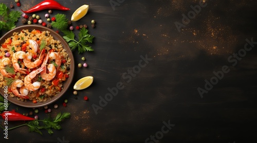 In the top view  free space is available for your text due to the bulgur with shrimp  mussels  and vegetables on the old background.