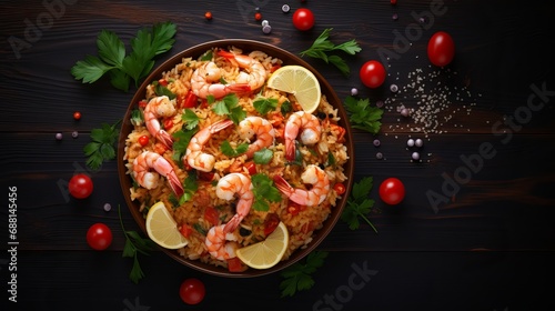 In the top view, free space is available for your text due to the bulgur with shrimp, mussels, and vegetables on the old background.