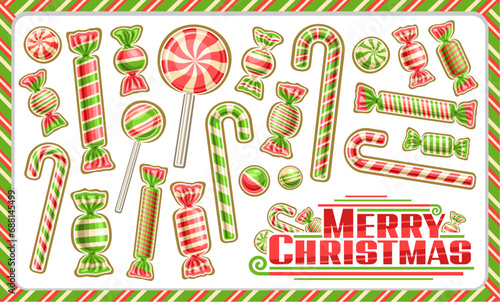 Vector Christmas Candy Set, collection of cut out illustrations striped candy canes for new year and christmas kids party, xmas wrapping cute snacks and red text merry christmas on white background