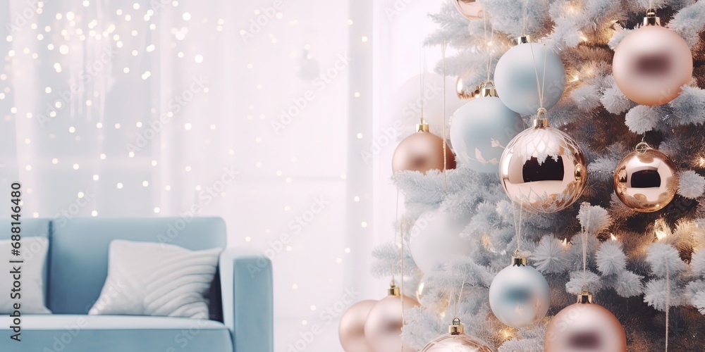 Christmas and winter celebration background wallpaper, Christmas tree and gift boxes in living room, Generative Ai