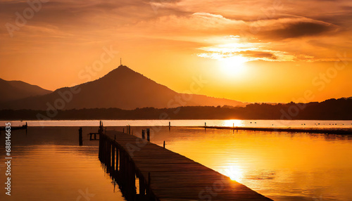 Peaceful landscapes at sunset with a peak and a pier
