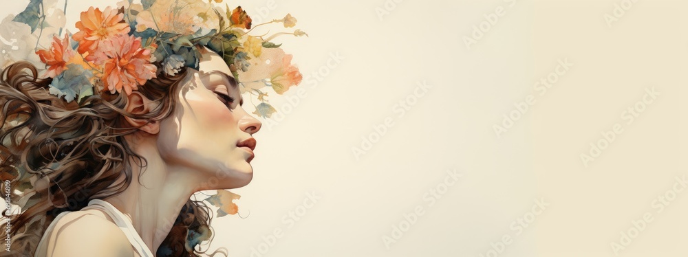 Watercolor drawing of a woman's profile and colorful, delicate flowers. Tender watercolor portrait of a woman. The concept of femininity, beauty, the awakening of nature in springtime