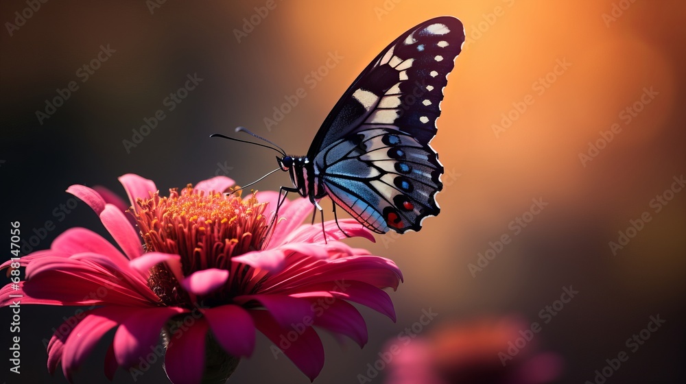 Obraz premium A captivating macro photo of a small black satyrium butterfly perched on a pink flower