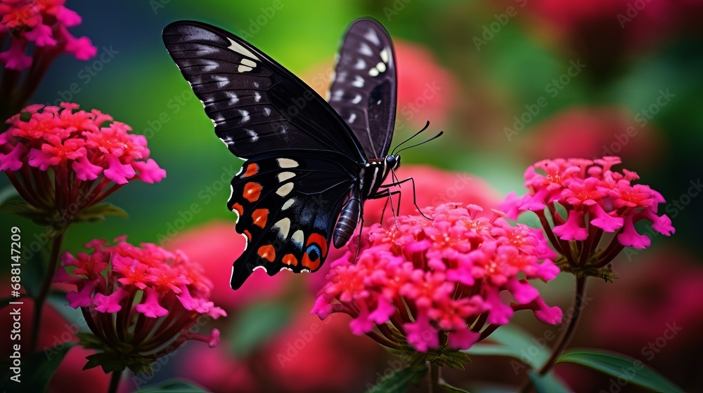 A captivating macro photo of a small black satyrium butterfly perched on a pink flower A captivating macro photo of a small black satyrium butterfly perched on a pink flower