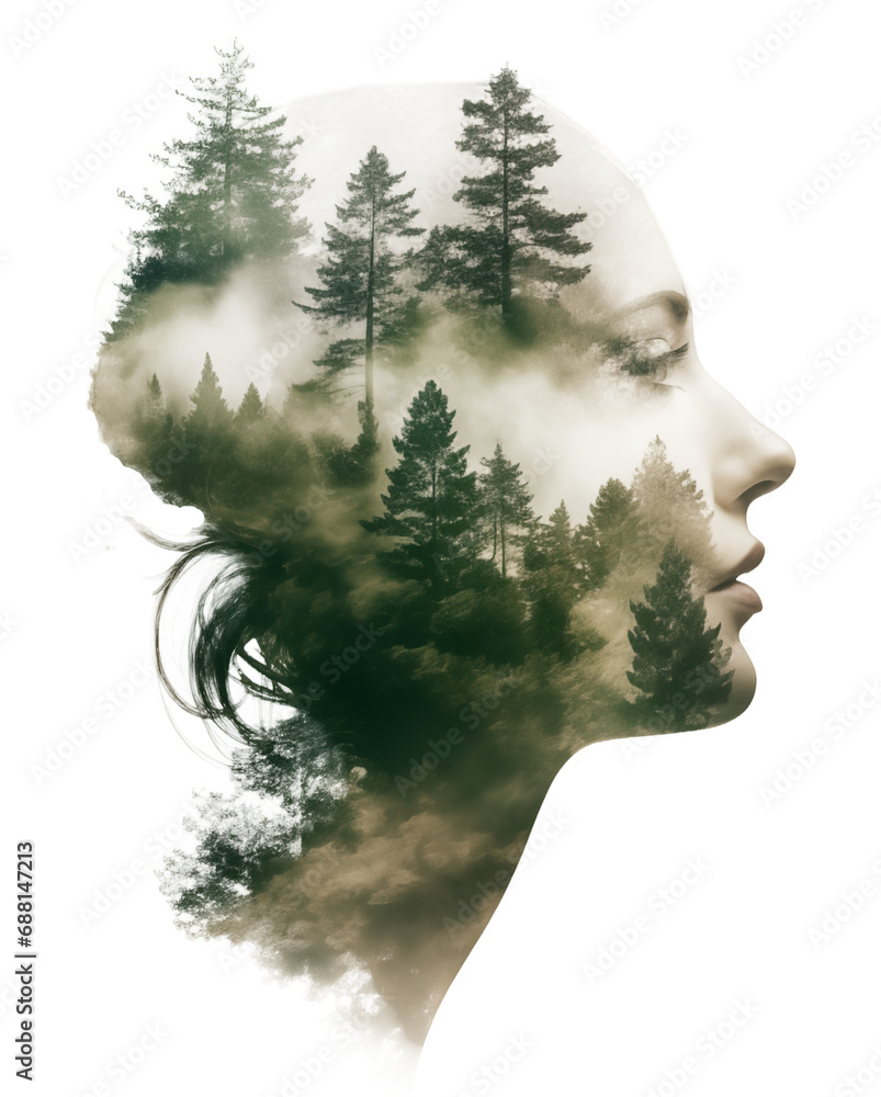 Double exposure effect of a head of a woman with a misty forest landscape