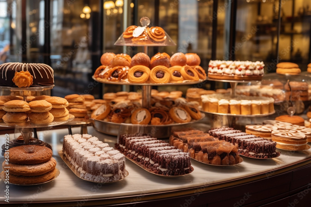 French pastries, eclairs, cakes on display in european bakery shop