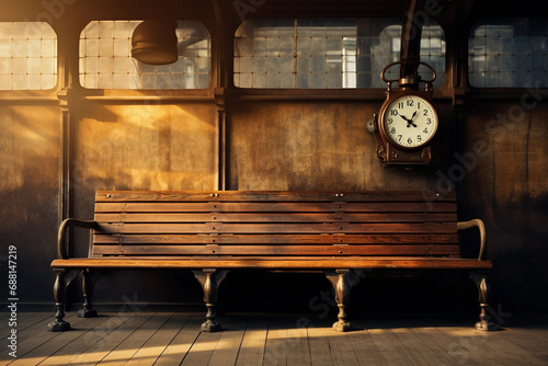 Old empty trainstation with wooden bench and clocks photo
