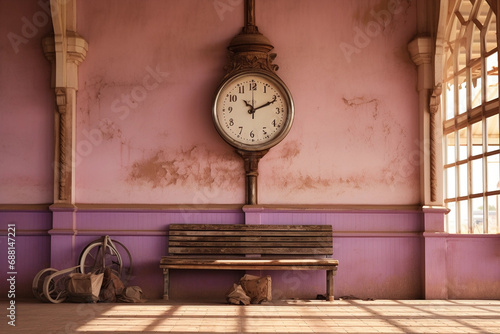 Old empty trainstation with wooden bench and clocks photo