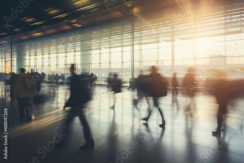 In the vibrant airport ambiance, a blur of people creates a dynamic backdrop, skillfully out of focus, embodying the fast-paced and diverse nature of modern travel.