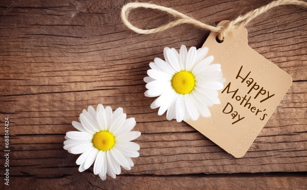 Obraz premium White daisy flowers and craft label tag for Mom on wooden background