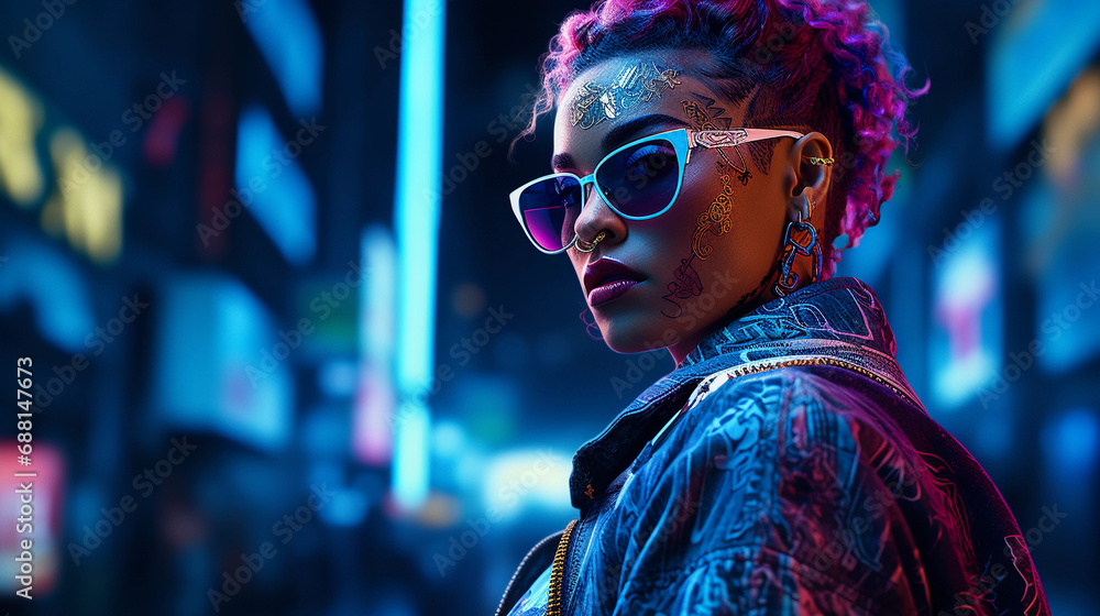 Cyberpunk character portrait, neon-lit cityscape, reflective sunglasses, holographic tattoos, LED-lit undercut hairstyle Cyberpunk character portrait, neon-lit cityscape, reflective sunglasses, holographic tattoos, LED-lit undercut hairstyle