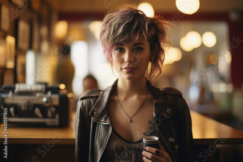 portrait of a female hipster, undercut hairstyle, septum piercing, holding a vintage camera, soft natural light