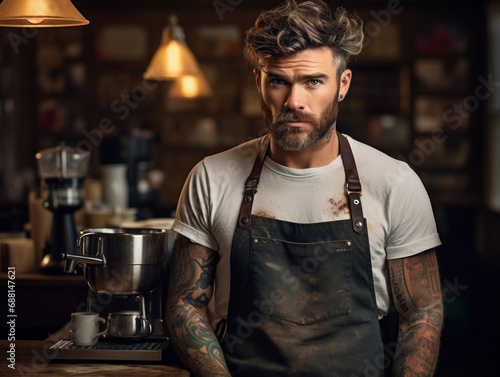 Coffee connoisseur hipster portrait, male barista in apron, tattoo sleeves, in a rustic cafe, rich espresso machine