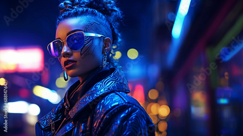 Cyberpunk character portrait, neon-lit cityscape, reflective sunglasses, holographic tattoos, LED-lit undercut hairstyle photo