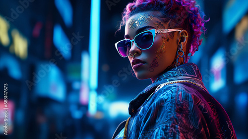 Cyberpunk character portrait, neon-lit cityscape, reflective sunglasses, holographic tattoos, LED-lit undercut hairstyle