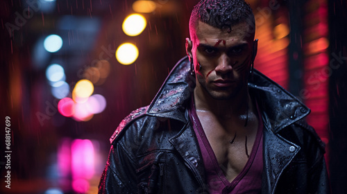 Cyberpunk street warrior portrait, neon-drenched alleyway, reflective rain-soaked asphalt, cybernetic implants glowing