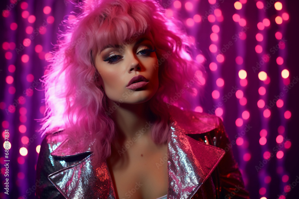 Glam punk portrait, sequin embellished jacket, teased hair, dramatic makeup, glittery backdrop Glam punk portrait, sequin embellished jacket, teased hair, dramatic makeup, glittery backdrop
