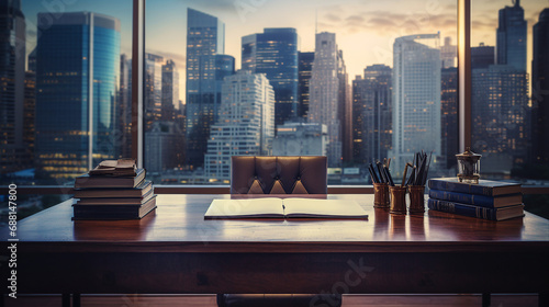 Business Leadership Office Desk with Cityscape in the Background photo