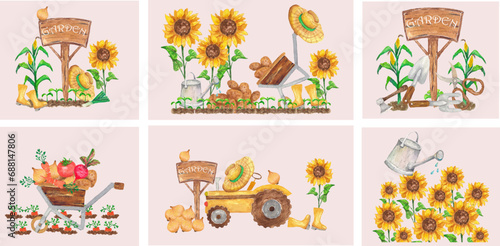 Collection of 6 illustrations. Cottage, garden, farmer, growing vegetables, all this is reflected in the illustrations. All elements are painted with watercolors.