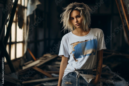 Grunge punk portrait in abandoned warehouse, ripped denim, layered band tees, smudged eyeliner, candid pose