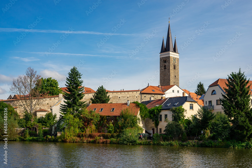 Telc, a town in Moravia in the Czech Republic. Water reflection of houses and Telc Castle, Czech Republic. UNESCO World Heritage Site.